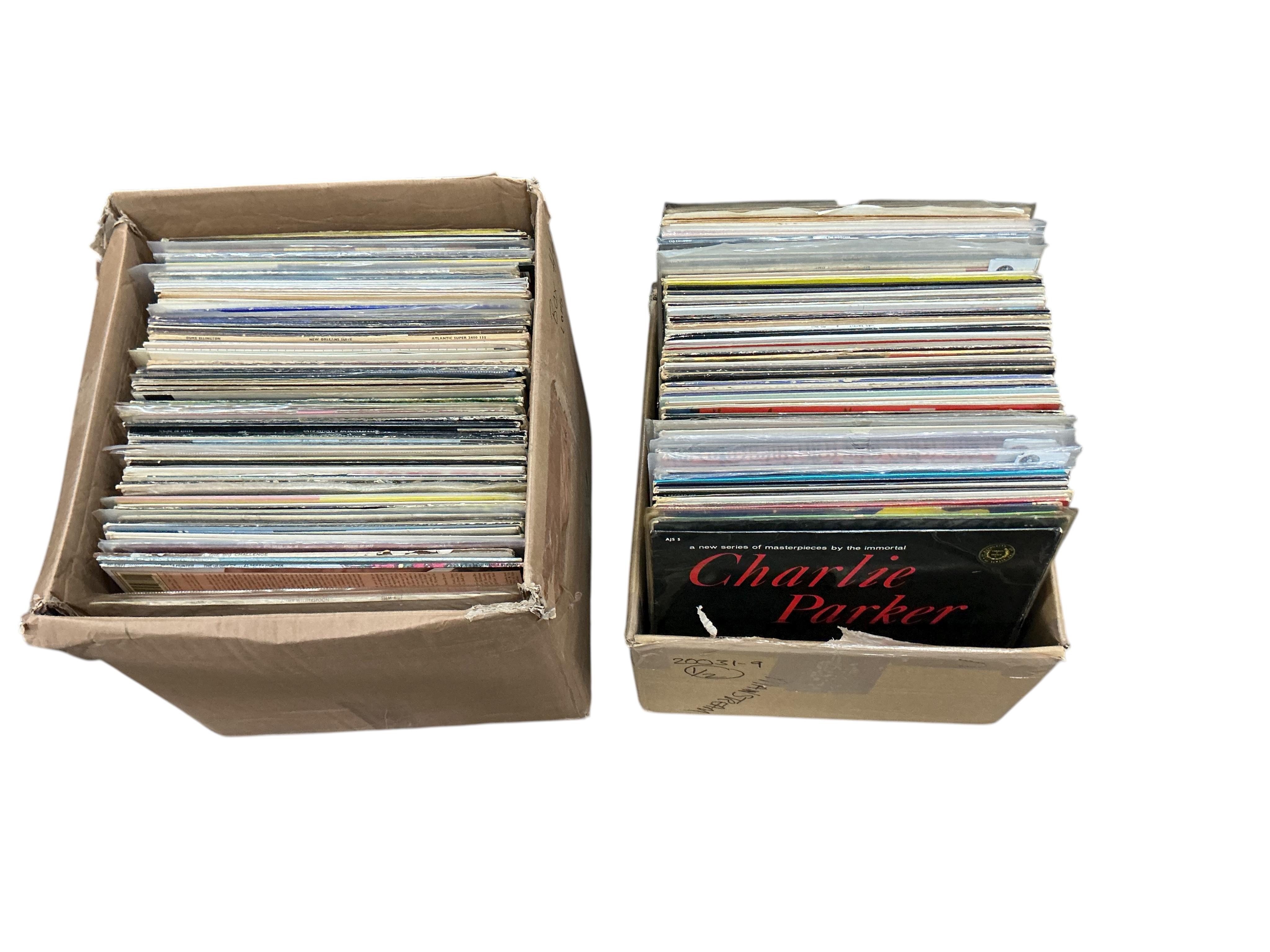 Two boxes of jazz LP record albums, artists including; Charlie Parker, Benny Goodman, Shirley Scott, Dave Brubeck, Buddy Rich, Maynard Ferguson, Georgie Fame, Duke Ellington, Herb Geller, Ida Cox, etc.